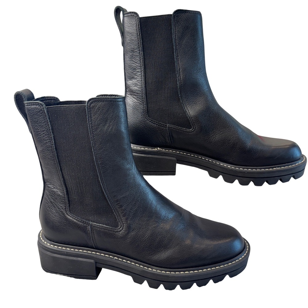 Bernardo Black Leather‎ Lug Sole Chelsea Boots Women 6M Pull On Chunky Heel
